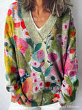 Women's New 3D Color Pattern Printing V Collar Long Sleeve Lazy Leisure