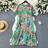Dress Women's 2024 Summer Dress New Loose Leisure Fashion Print Medium-Long Bubble Sleeve Holiday Dress-Outfit