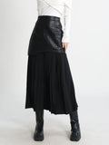 Toloer Street Wind Long Leather Skirt 2024 Autumn And Winter New Fashion High Waist Stitching Mesh Pressure Pleated Skirt Female-Outfit