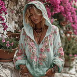Zippered T-Shirt Trend Japanese National Style Cherry Blossom Art Printing National Tide Loose Autumn And Winter
