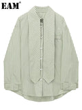 Women Green Striped Big Size Casual Blouse New Lapel Long Sleeve Loose Fit Shirt Fashion Tide Spring Autumn 2023 1DE6461 425-1-Outfit