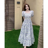 New Robe Women Fashion Loose Slash Neck Bubble Sleeve Elastic Waist Fragmented Flower Slim Breathable Long Dresses-Outfit