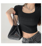 Toloer Letter Embroidered Slim Bottom Shirt Square Collar Low Breast Collarbone Short-Sleeve T-Shirt Midcrop High Waist
