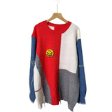 And Winter Cowboy Sleeve Splicing Bumpy Smiley Face Loose-Fitting Sweater Round Collar Knitted Bottoming Shirt