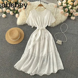 Pink/White/Green French Hollow Ruffles Dress Women O Neck Lace up Solid A-line Dresses Summer Elegant Streetwear Midi