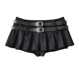 Trendy Women's Wear Low-Waist Sexy Double-Belt Pleated Skirt Plain Underwear Anti-Smooth Belt Skirt Half Skirt-Outfit