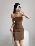 Trend Women's Wear Summer New Solid Color Slimming Short Dress Hot Girl Breast Fold Hip Skirt-Outfit