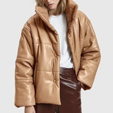 Women PU Leather Parkas Fashion High Street Solid Faxu Leather Coats Elegant Winter Thick Cotton Jackets Loose