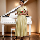 Summer New Elegant One-Shoulder Sleeveless Dress Dress Banquet Of Gold Folds Dress