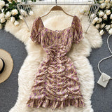 2021 Summer Chiffon Floral Dress Women Sexy Short Beach Dresses French Boho Daisy Print Vacation Party Ruched