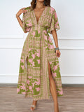 Summer New Sexy V-Neck Short-Sleeved Print Waist Dress Women's