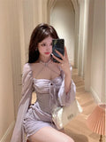 Sexy Dresses Women Bandage Square Collae Pile Up Sleeve Drawstring Solid Slim Elegant Mini Dress Ladies Vintage Fashion-Outfit