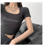 Toloer Letter Embroidered Slim Bottom Shirt Square Collar Low Breast Collarbone Short-Sleeve T-Shirt Midcrop High Waist