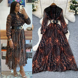 Fashionable Dress Women's French Nail Polish Brighten Embroidery V Collar Long Sleeve Leopard Print Elegant Long