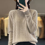 Half High Collar Twist Reduce Age Pullover Sweater Female Loose Long Sleeve Add Thick Knit Jacket Bottom Shirt Female-Outfit