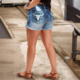 Summer Vintage Bull Head Embroidery To Make Old Fur-Edge Shorts Denim Hot
