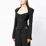Toloer Spring New Fashion Temperament Fish Bone Chest Splicing Design Sense Waist Show Thin Suit Jacket Female Suit-Outfit