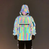 Multi-Pocket Tactical Function Wind Dazzling Color Reflective Work Jacket Couples Loose Assault Suit Hooded Coat Man-Outfit