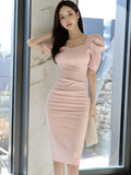 Han Queen Summer Women's Pink Dresses Office Bodycon Pencil Sheath Dress Elegant Simple Slim Party Knee-Lengtgh Vestidos-Outfit