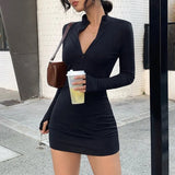 Winter Stretch Slim Soft Ribbed Knitted Turtleneck Dress Woman Fashion Solid Black Casual Bodycon Zip Dress-Outfit