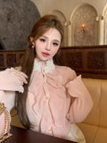 Women Shirts Ruffles Patchwork Stand Collar Winter French Style Flare Long Sleeve Blouse Female Elegant Sweet Tops-Outfit