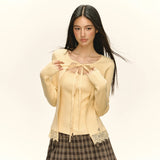 New Women's Design Temperament Lace Splicing Elastic Knitting Shirt Fashion Two