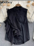 Women's Shirt French Vintage Ruffles Blouse Sexy Elegant Pleated O-neck Summer Female Sleeveless Slim Tops White