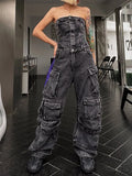 Toloer New Fashion Street Style With Chest And Waist Show Figure Hot Girl Many Pocket Jeans Cargo Pants Jumpsuit-Outfit