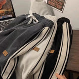 Striped Corduroy Sweatpants Women Winter Thick High Waist Drawstring Wide Leg Trousers Y2K Korean All-Match Straight Pants-Outfit