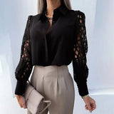 Lace Patchwork Shirt Top Woman Spring Summer Casual Long Sleeve Shirts For Women 2023 Vintage Hollow Out Button Blouses-Outfit