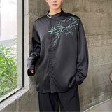 Toloer New Chinese Style Retro Oil Painting Bamboo Printing Sweet Silk Satin Long-Sleeved Versatile Shirt For Men And