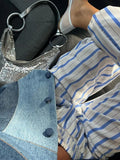 Womens Casual Cleanfit Striped Pants Elastic Low Waist Striped/Plaid Loose Aesthetic Trousers Streetwear with Pockets-Outfit
