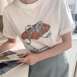 Toloer East Gate Spring Minority Age Reduction Round Collar Tie Bow Print Loose Versatile Short-Sleeved T-Shirt Top-Outfit