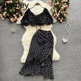 Women Summer Korean Dot Vacation Set Elastic Ruched Puff Sleeve Short Tops+Irregular Ruffle Long Skirt Two Piece