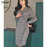 Women Midi Dress Formal Temperament Vintage Bird Lattice Ruffle Double Breasted Belt Slim Lady Robe Femme Mujer
