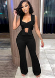 Sexy Straps Sleeveless High Waist Solid Hollow Out Regular Two Piece Pants