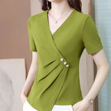 Color Summer Women's Clothing Shirring Pullover Button V-Neck Short Sleeve Asymmetrical T-shirt Casual Elegant Tops-Outfit