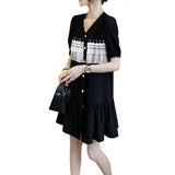 Casual V-Neck Lace Patchwork Mini Dress Summer Short Sleeve Fashion Single-breasted Women's Clothing Korean A-Line