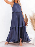 Women Solid Long Dresses Summer Casual Loose Sleeveless Hollow Tie-Up Dress Female Beach Party Ruffle Maxi Dresses Elegant