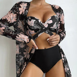 Toloer New 2024 Bikini Gathers The Sexy Mesh Three-Piece Split Print Swimsuit