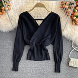Women Design Knitted Pullovers Fashion Batwing Sleeve V Neck Elastic Slim Tops Autumn Korean Streetwear Knit
