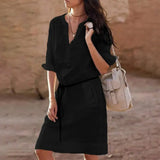 Summer Elegant Linen Dress Homewear Long Sleeve V-neck Holidays Vacation Beach Casual Solid Dress With