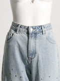 Toloer 2024 New Heavy Industry Nail Bead Design Sense Straight Pants High Waist Show Thin Fashion Temperament All-Match Jeans Pants-Outfit
