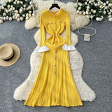 Small Fragrant Wind Bumpy Round Collar Horn Sleeve Single Buckle Waist Knitted Dress Women Autumn Body Sweater