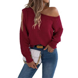 Shooting 2025 Autumn And Winter Casual Pure Color Hollow Shoulder Long-Sleeved Cover Sweater Women's