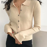 Chic Button Cropped Cardigan for Women Autumn Winter Slim Fit Knitted Sweater Woman Turn Down Collar Solid Jumpers