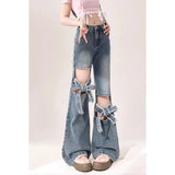 Mm Large Street Hottie Bow Trumpet Micro-Tight Jeans Girl Retro Hollow Horn Long