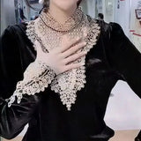 Lace Hollow Out Spliced Blouse Autumn Winter Slim Long Sleeve Basic Women's Clothing Casual Stand Collar Vintage Shirt-Outfit