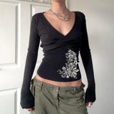 V-Neck Temperament Retro Print T-Shirt 2025 Autumn New Slim Long-Sleeved