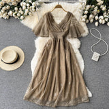Women French Lace Dress Short Sleeve V Neck Elastic Ruched A-line Dresses 2022 Summer Elegant Streetwear Midi